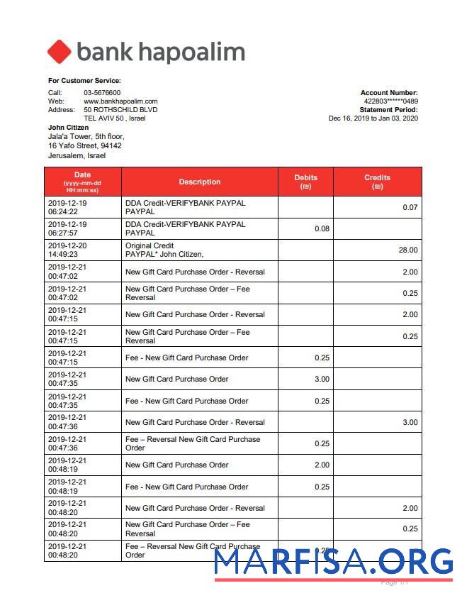 Realistic Israel Bank Hapoalim bank statement word real example